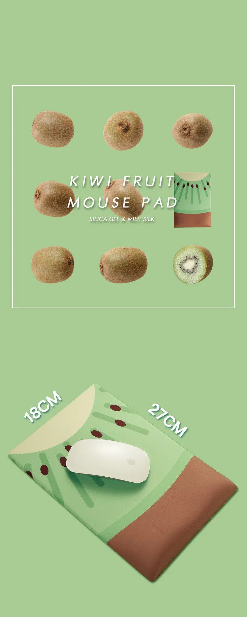 Kiwi fruit design on a grey cloth mouse pad with a thick, integrated gel wrist rest at the front.