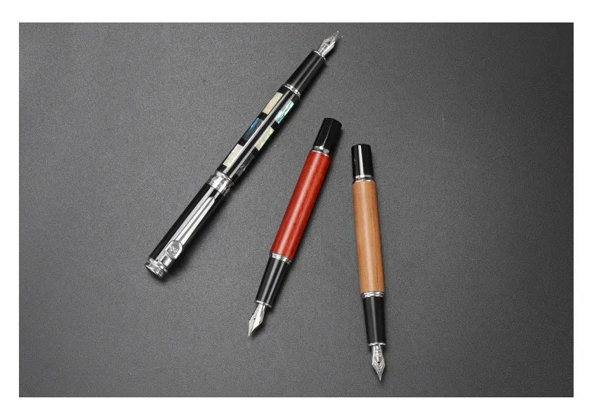 Ceramic colour lacquer pen with rotating ink mechanism and wood-finish barrel in boxed packaging.