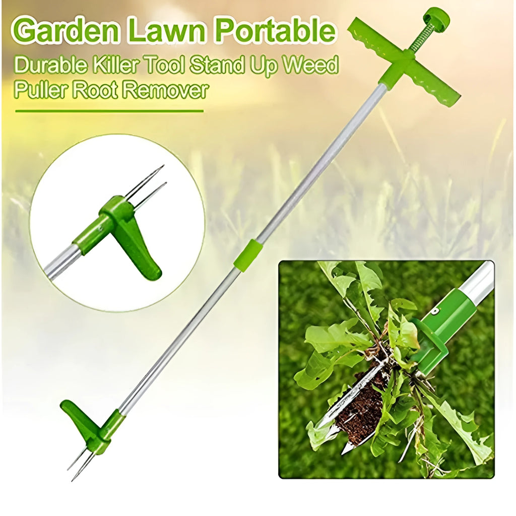 Manual aluminium handle garden weeder tool with ABS PP head on soil.
