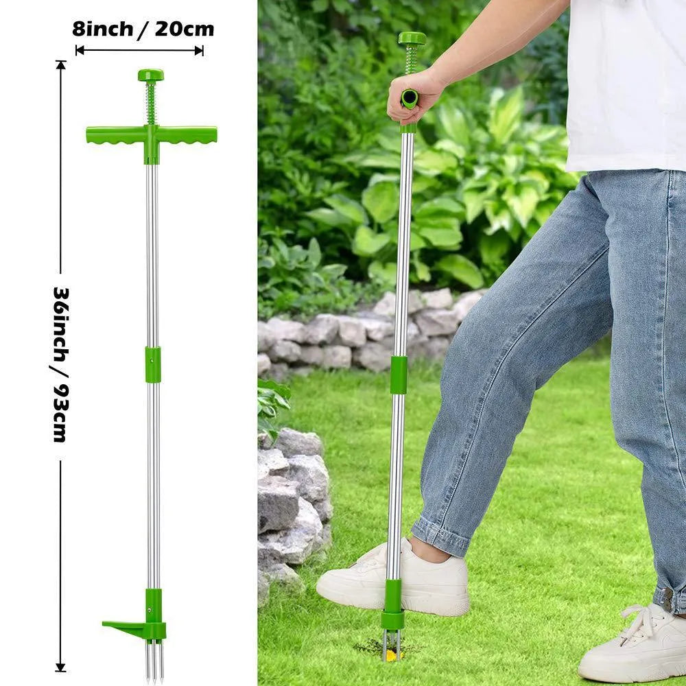 Manual aluminium handle garden weeder tool with ABS PP head on soil.