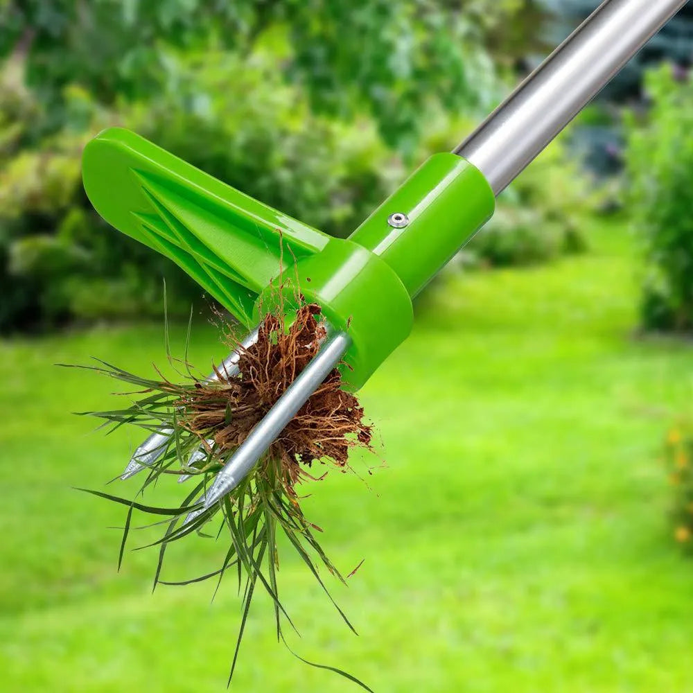 Manual aluminium handle garden weeder tool with ABS PP head on soil.