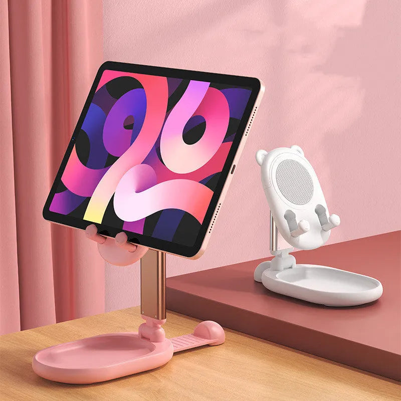 Portable tablet stand with mirror in blue colour holding an Apple-compatible device