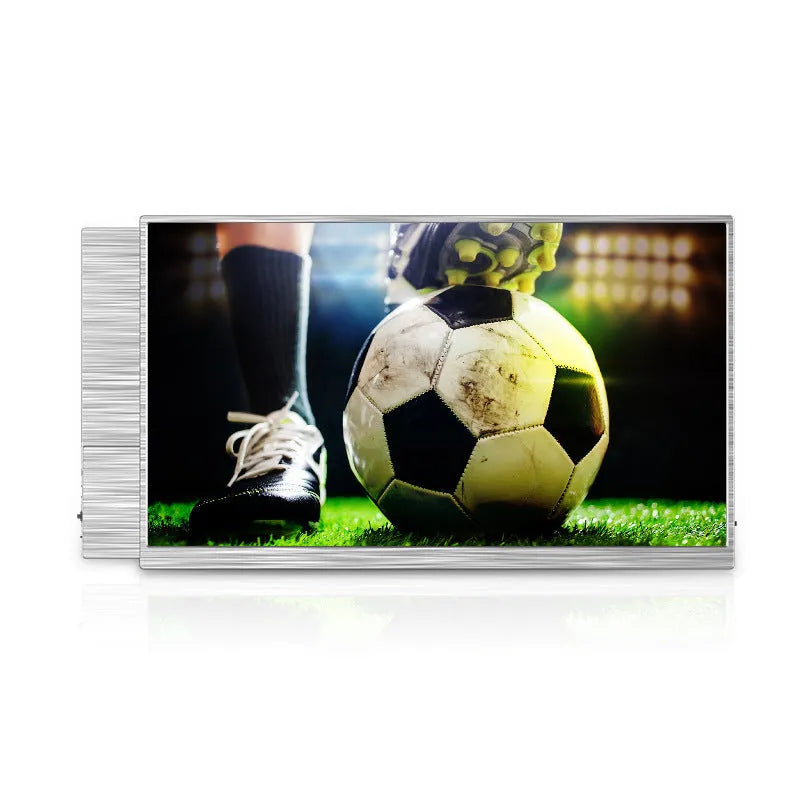 15-inch portable monitor with Full HD display showing split-screen gaming and productivity interface