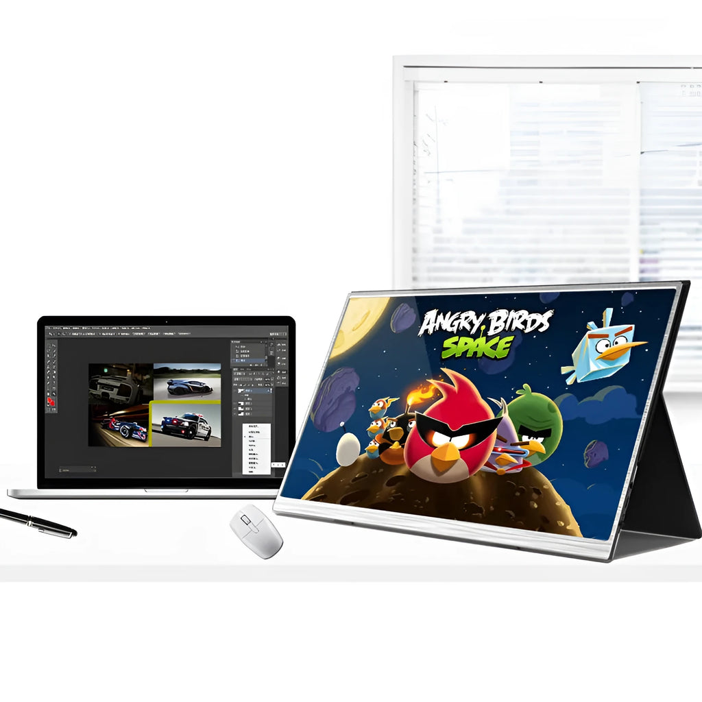 15-inch portable monitor with Full HD display showing split-screen gaming and productivity interface