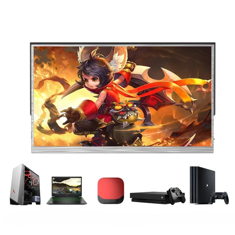 15-inch portable monitor with Full HD display showing split-screen gaming and productivity interface