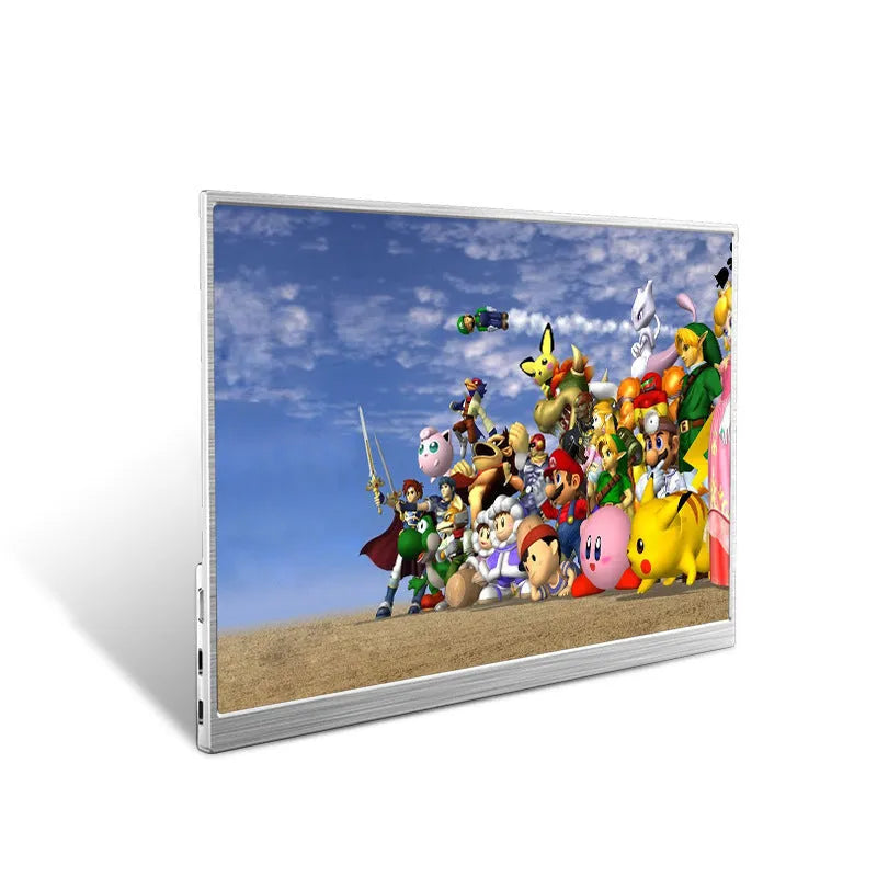 15-inch portable monitor with Full HD display showing split-screen gaming and productivity interface