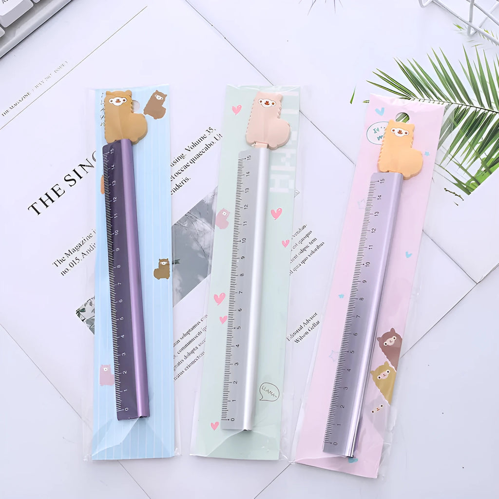 Aluminium straight ruler tool with measurement graduations in random design colour