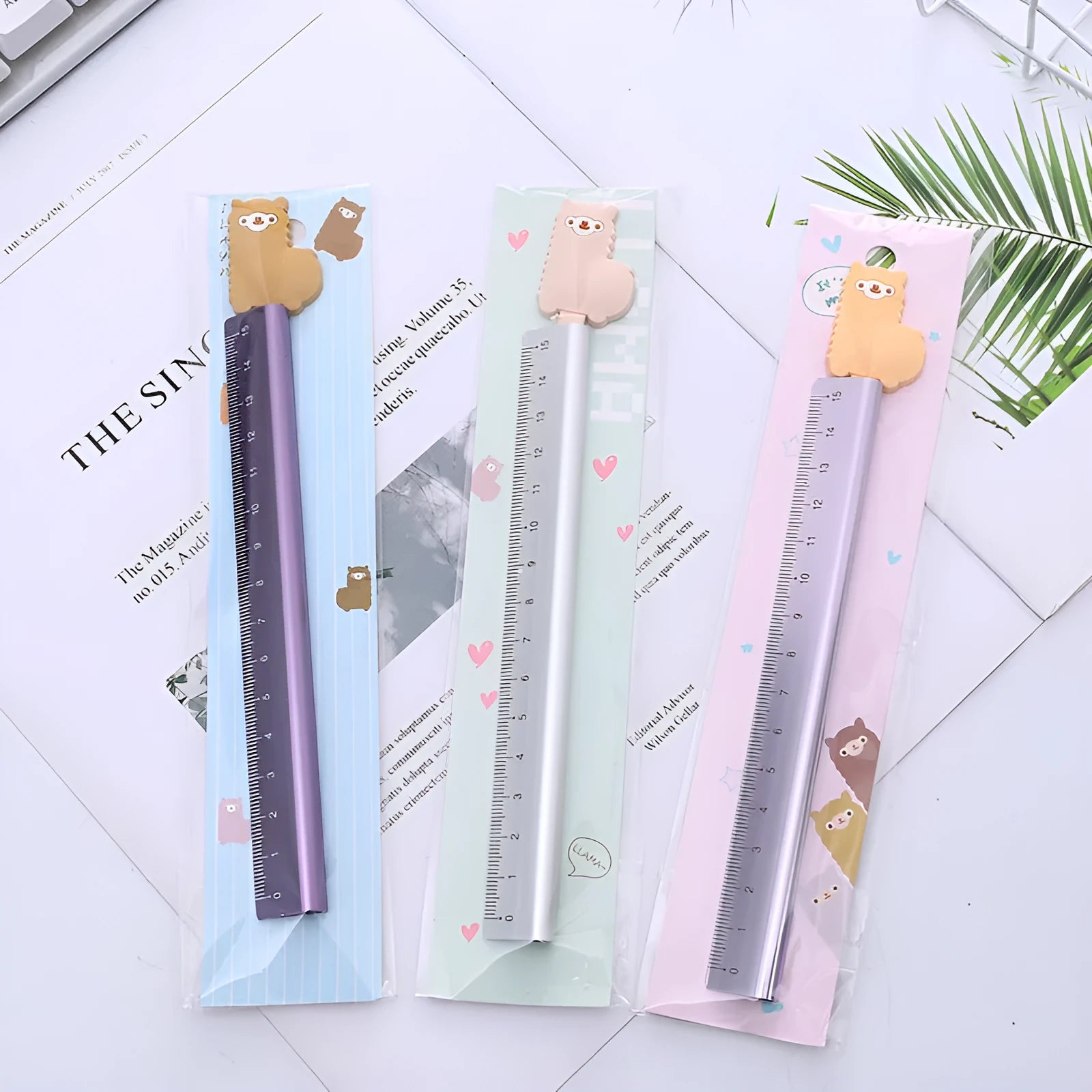 Aluminium straight ruler tool with measurement graduations in random design colour