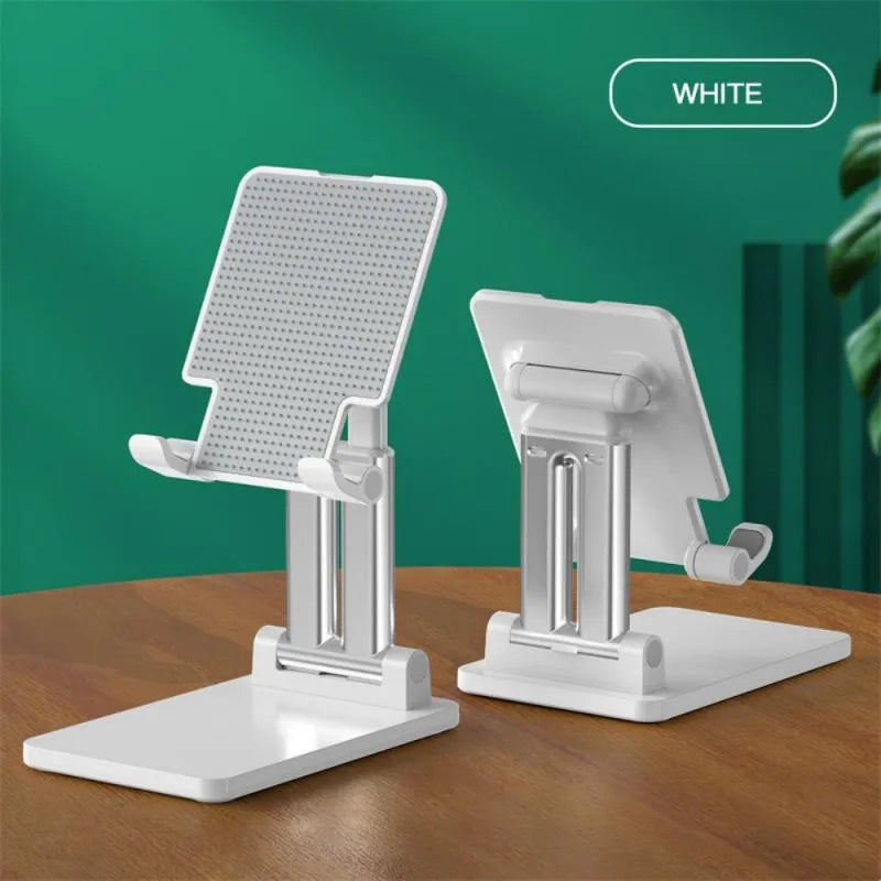 Black dual-rod adjustable desktop bracket holding a phablet phone
