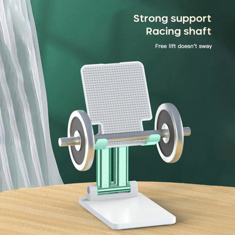 Black dual-rod adjustable desktop bracket holding a phablet phone