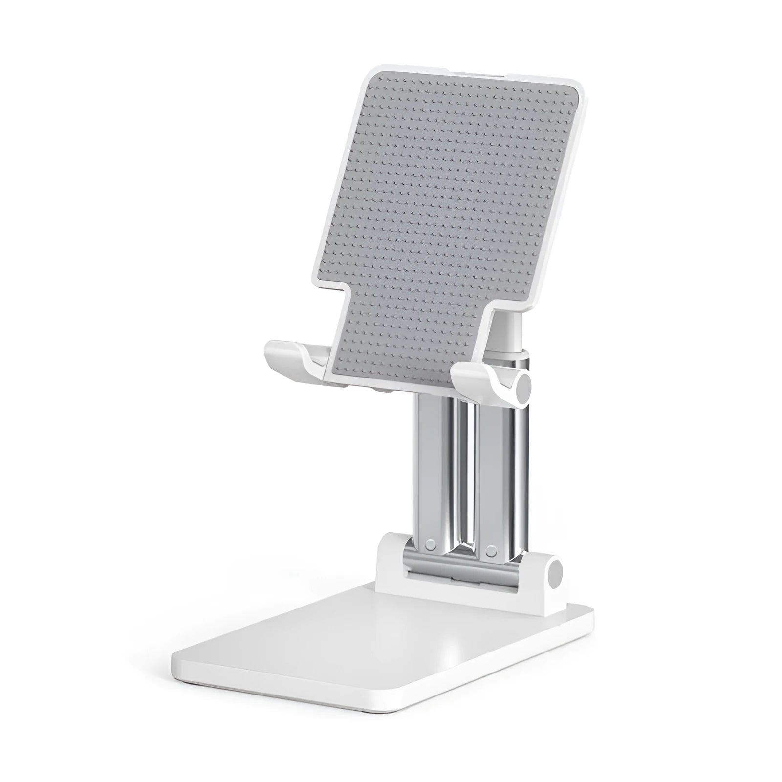 Black dual-rod adjustable desktop bracket holding a phablet phone