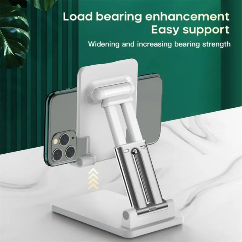 Black dual-rod adjustable desktop bracket holding a phablet phone