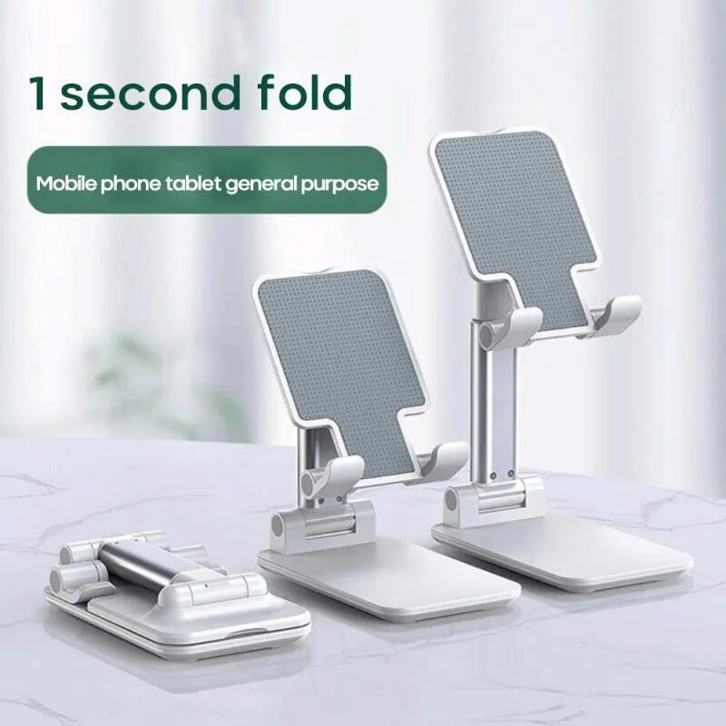 Black dual-rod adjustable desktop bracket holding a phablet phone