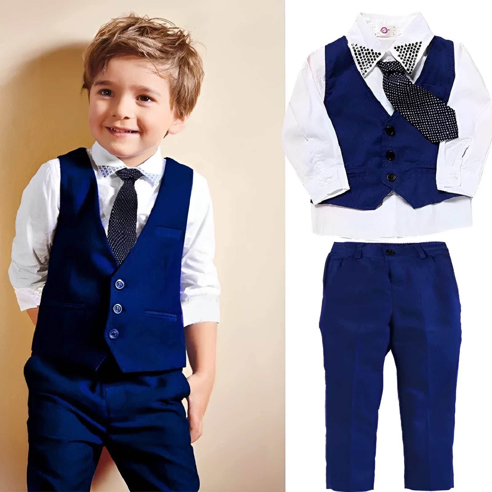 Boys' blue suit set with vest, tie, turtleneck and trousers for smart casual occasions