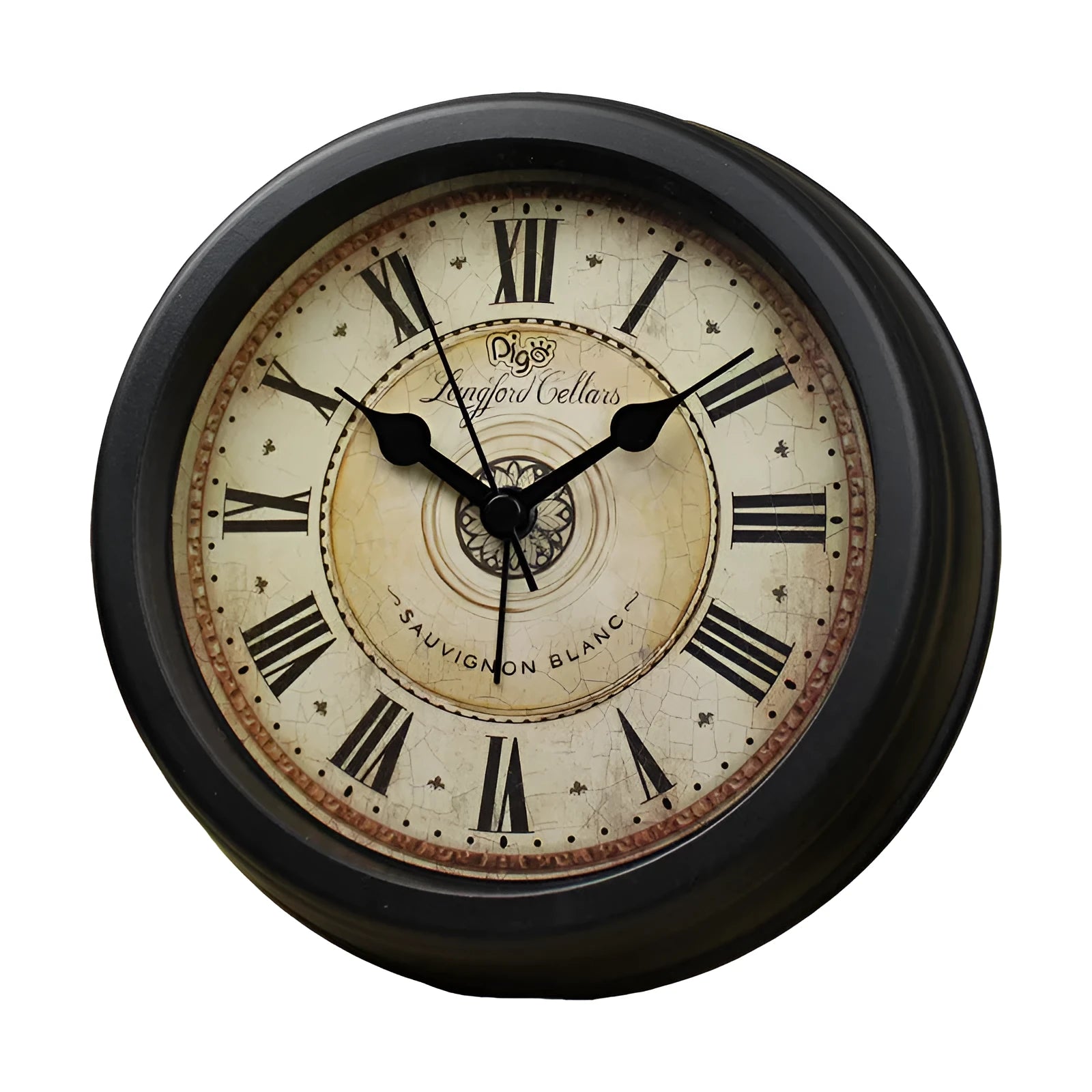 Round European retro style desk clock with silent alarm on a wooden desk.