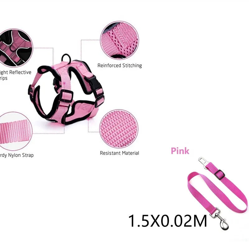 Escape proof cat vest harness in black with reflective trim and car seat belt adapter leash