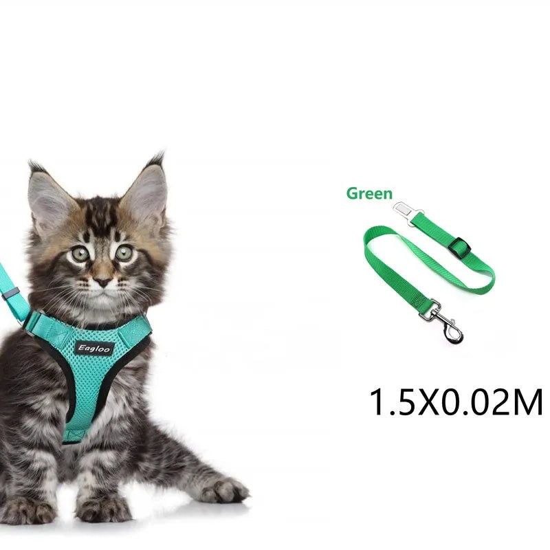 Escape proof cat vest harness in black with reflective trim and car seat belt adapter leash