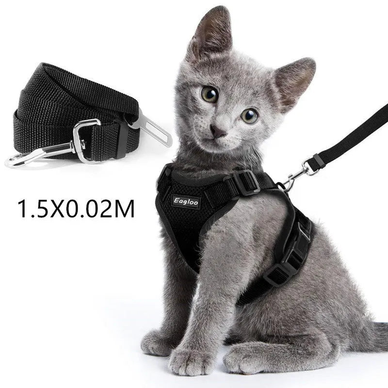 Escape proof cat vest harness in black with reflective trim and car seat belt adapter leash
