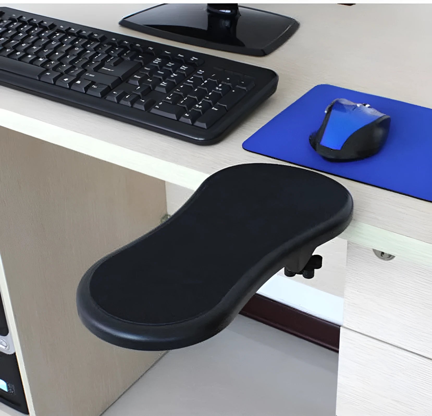 Black rotatable hand bracket mouse wrist pad showing 180-degree adjustment capability