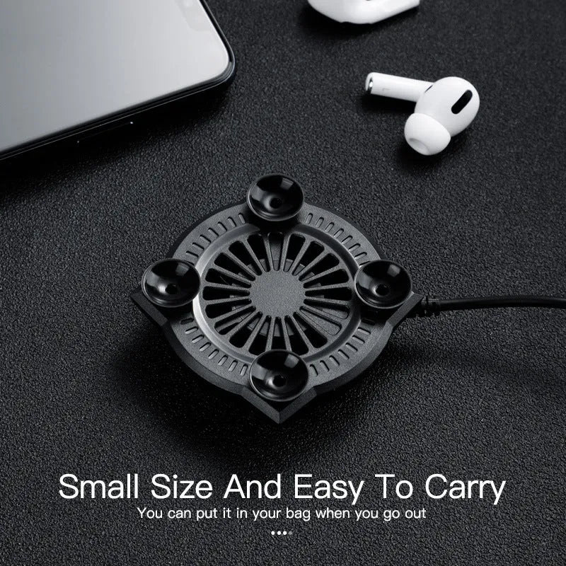 Black mobile phone cooling fan with suction cup attachment and USB cable