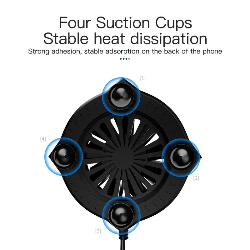 Black mobile phone cooling fan with suction cup attachment and USB cable