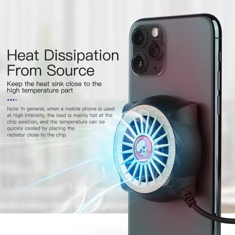 Black mobile phone cooling fan with suction cup attachment and USB cable