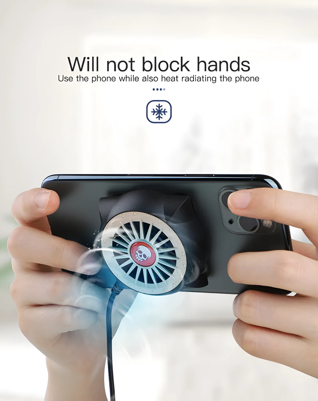 Black mobile phone cooling fan with suction cup attachment and USB cable