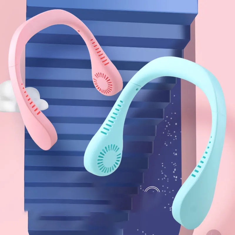 Summer Air USB rechargeable neck fan with three speeds in blue, worn around the neck