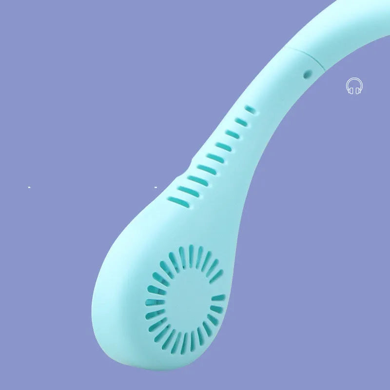 Summer Air USB rechargeable neck fan with three speeds in blue, worn around the neck