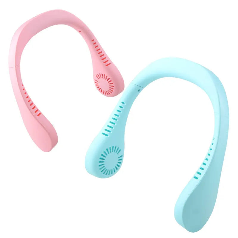 Summer Air USB rechargeable neck fan with three speeds in blue, worn around the neck