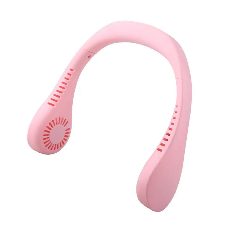 Summer Air USB rechargeable neck fan with three speeds in blue, worn around the neck