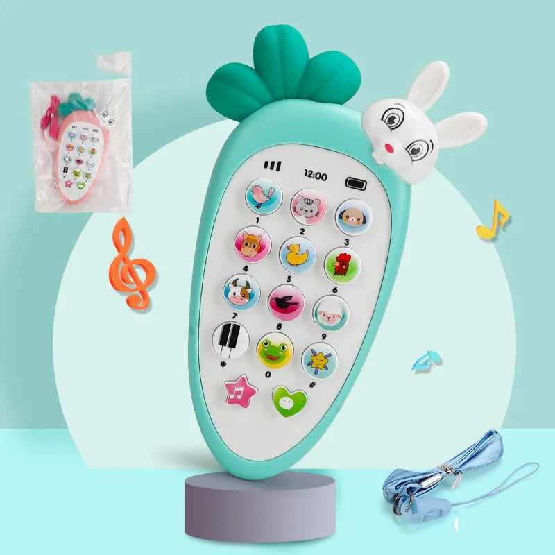 Pink baby simulation phone toy with colourful buttons on a white background