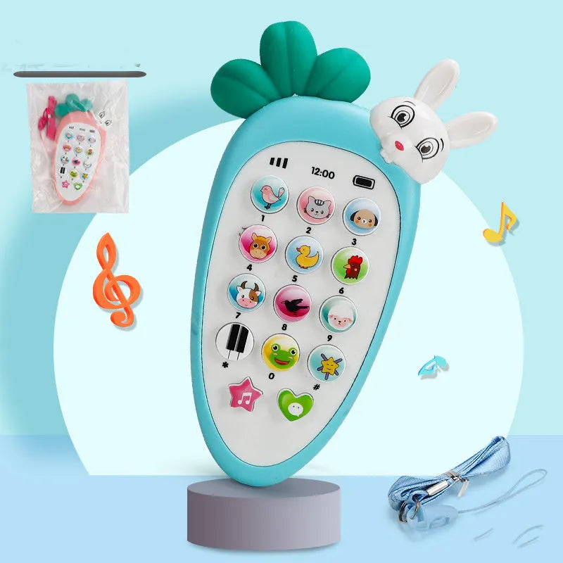 Pink baby simulation phone toy with colourful buttons on a white background