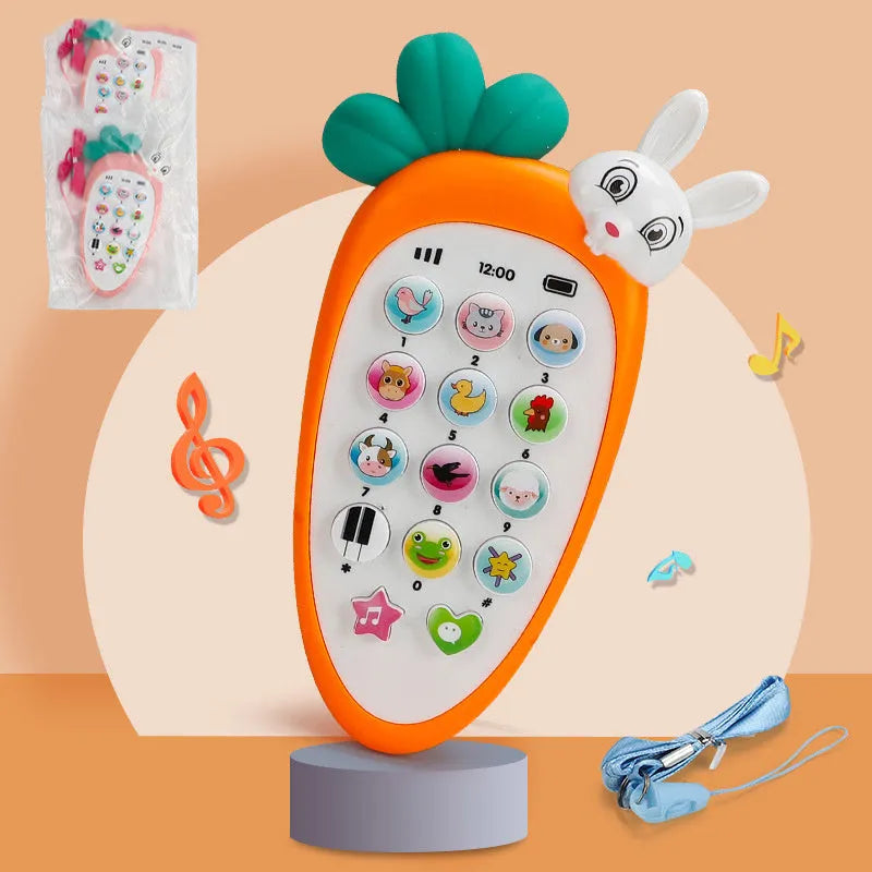 Pink baby simulation phone toy with colourful buttons on a white background