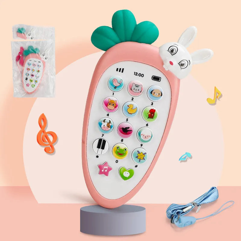 Pink baby simulation phone toy with colourful buttons on a white background