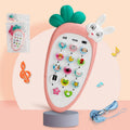 Pink baby simulation phone toy with colourful buttons on a white background