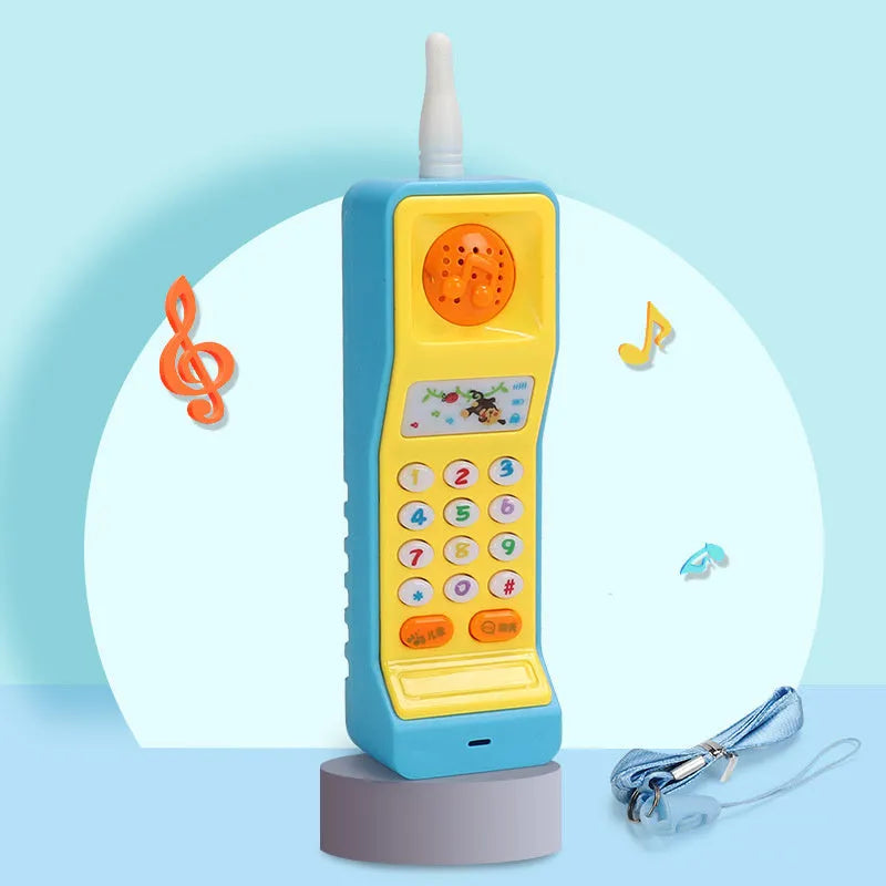 Pink baby simulation phone toy with colourful buttons on a white background