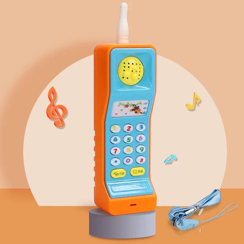 Pink baby simulation phone toy with colourful buttons on a white background