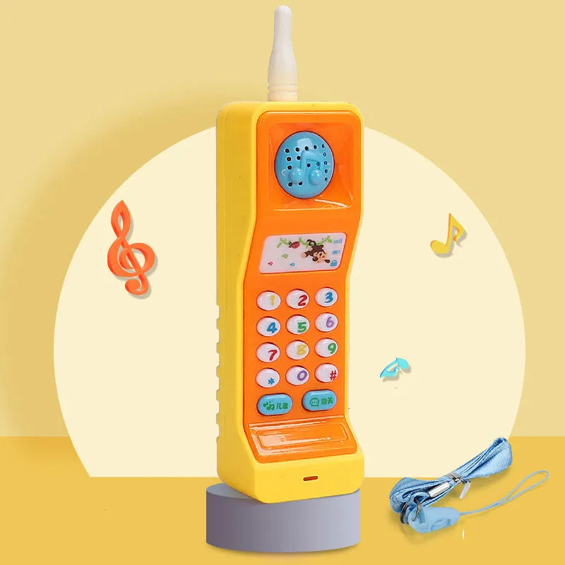 Pink baby simulation phone toy with colourful buttons on a white background