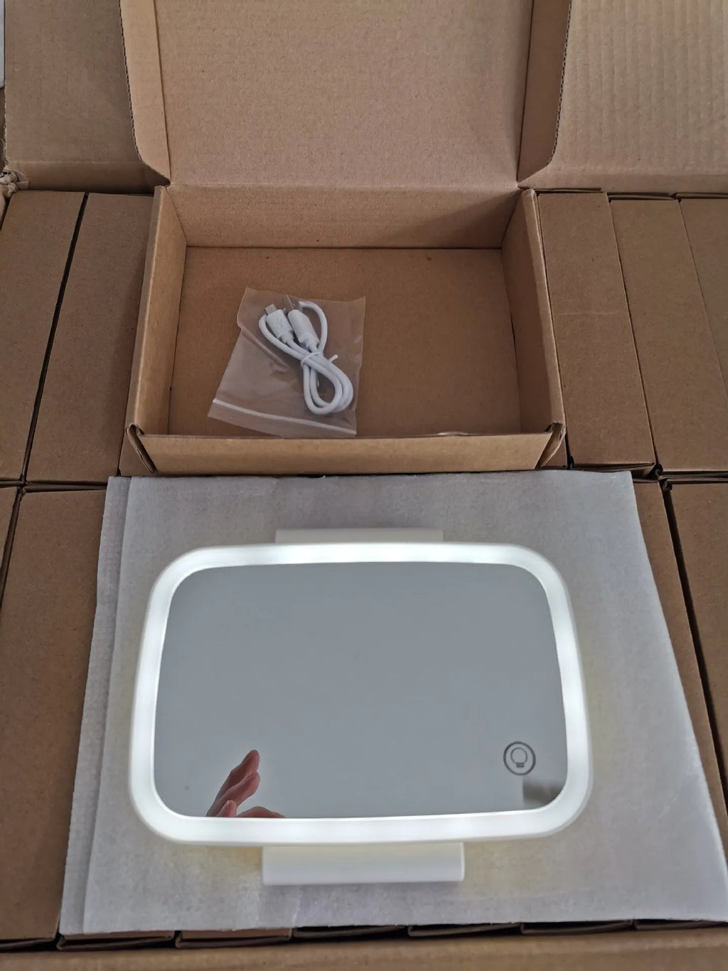 White illuminated car vanity mirror with 21 LEDs USB touch switch attached to sun visor