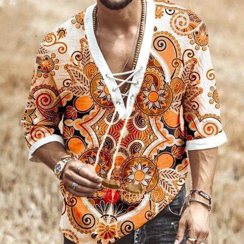 Men's super slim long sleeve shirt with stand-up collar and velvet lining in patterned design