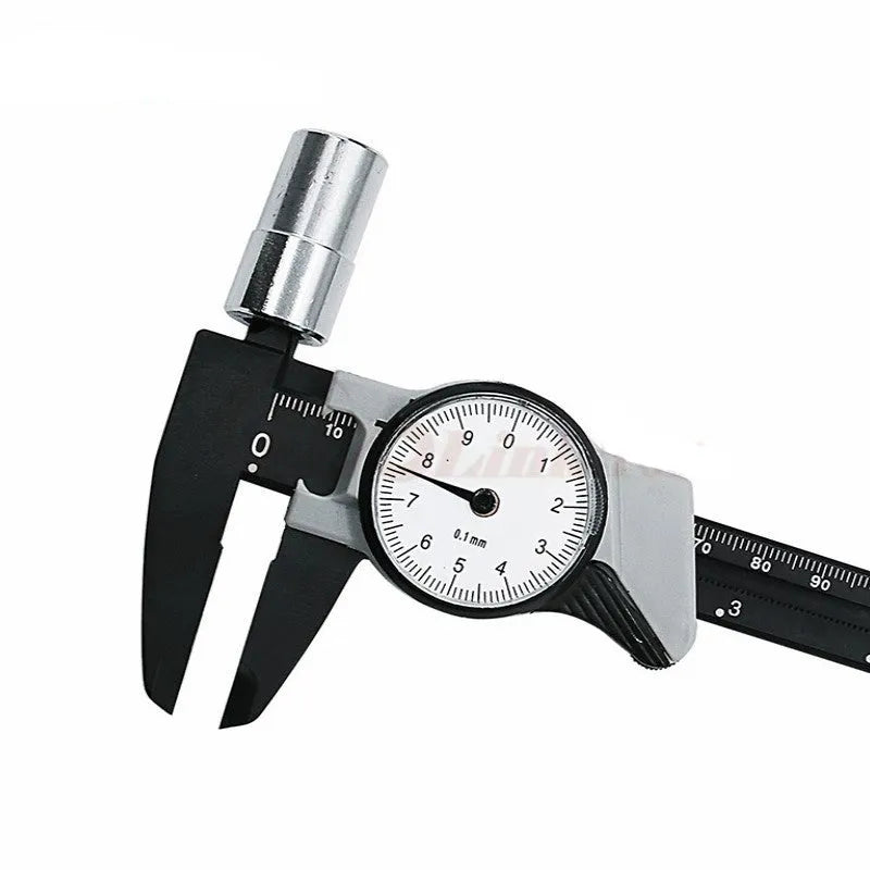 Black plastic vernier caliper showing 150mm measurement scale with stainless steel components
