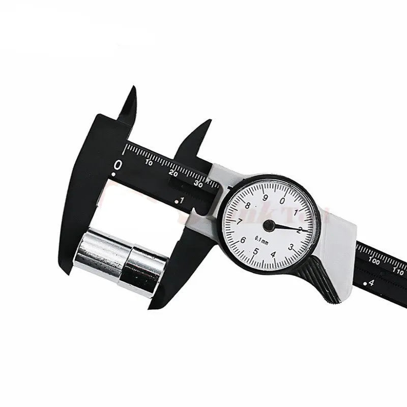 Black plastic vernier caliper showing 150mm measurement scale with stainless steel components