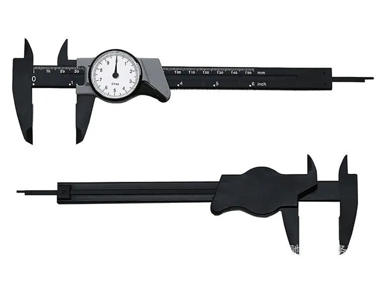 Black plastic vernier caliper showing 150mm measurement scale with stainless steel components