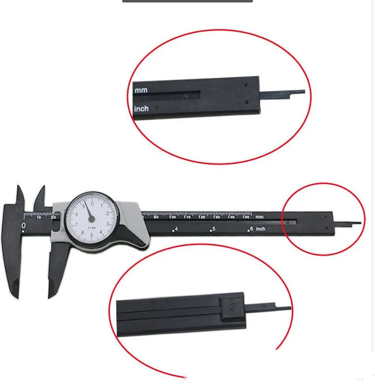 Black plastic vernier caliper showing 150mm measurement scale with stainless steel components