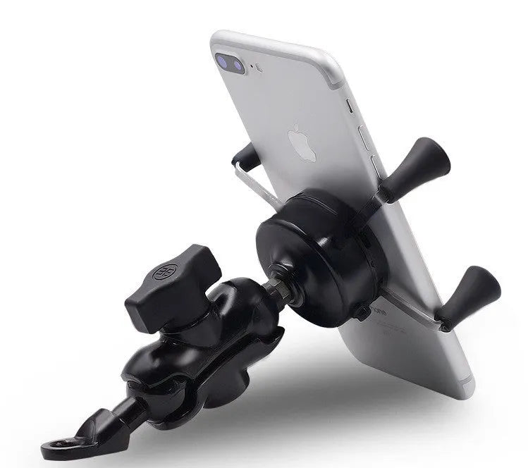 Black aluminium alloy motorcycle phone mount bracket attached to a bicycle handlebar, holding a mobile phone.