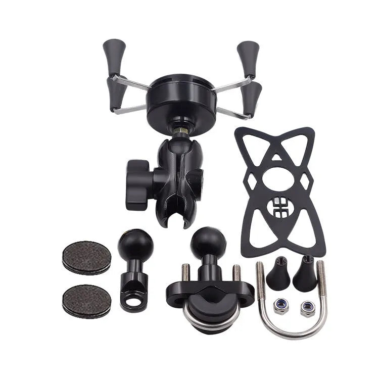Black aluminium alloy motorcycle phone mount bracket attached to a bicycle handlebar, holding a mobile phone.