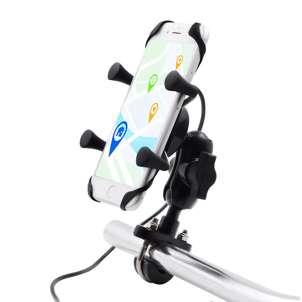 Black aluminium alloy motorcycle phone mount bracket attached to a bicycle handlebar, holding a mobile phone.