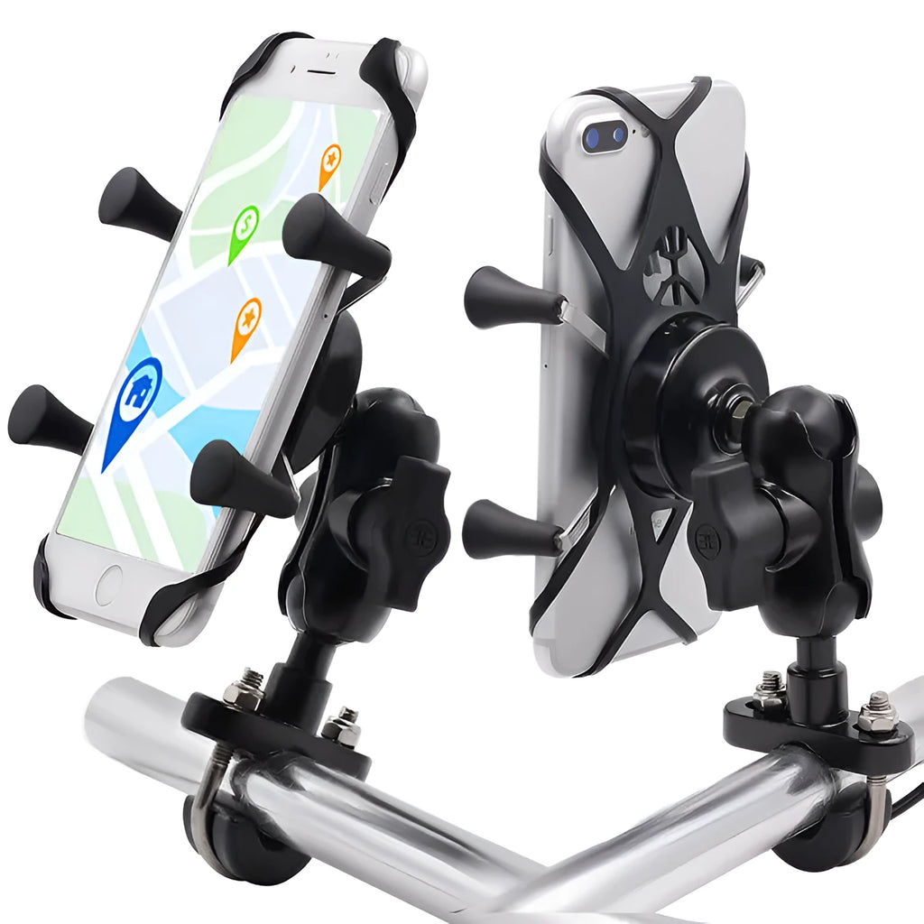 Black aluminium alloy motorcycle phone mount bracket attached to a bicycle handlebar, holding a mobile phone.