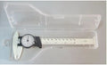 Black plastic vernier caliper showing 150mm measurement scale with stainless steel components